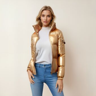 Femme aux cheveux blonds, dos à un mur beige, portant un jean slim bleu, un haut blanc et une doudoune brillante et matelassée à capuche dorée ouverte sur le devant.