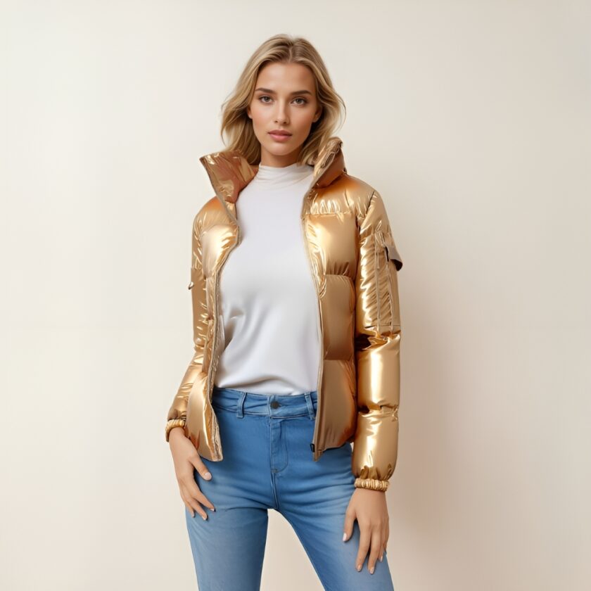Femme aux cheveux blonds, dos à un mur beige, portant un jean slim bleu, un haut blanc et une doudoune brillante et matelassée à capuche dorée ouverte sur le devant.
