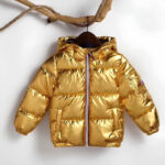 Doudoune dorée pour enfants avec capuche posée sur un cintre accroché sur une branche. Fond blanc.