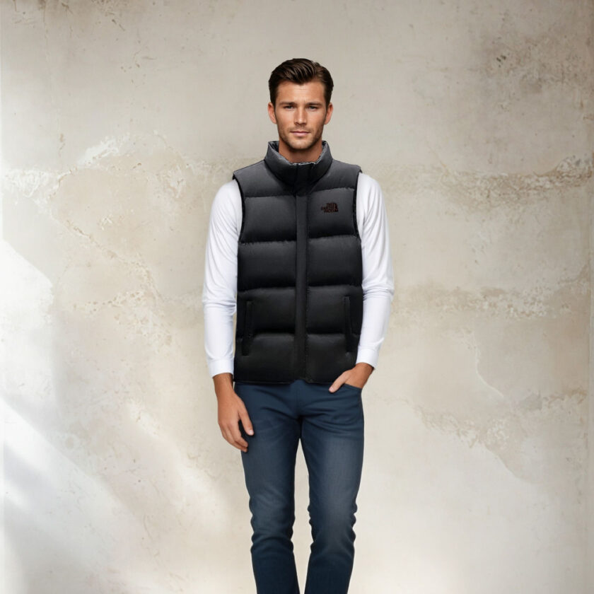 Homme brun portant une doudoune sans manche noir