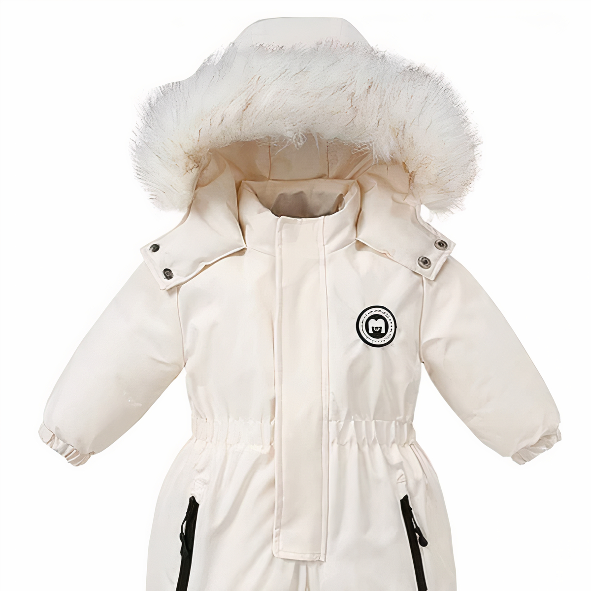 Combinaison doudoune blanche de ski à capuche avec fourrure pour fille sur fond blanc.