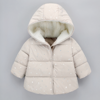 On voit une doudoune beige à capuche. Elle est entièrement doublée en matière polaire. Elle a des motifs étoiles argentés brillants.