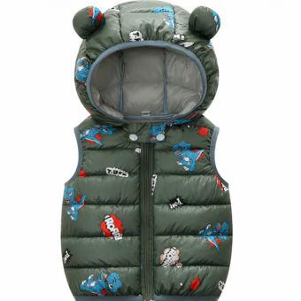 Doudoune grise sans manches pour enfant avec des motifs dinosaures. La doudoune est pourvue d'une capuche avec des oreilles d'ourson.