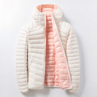 Voilà une doudoune beige réversible en rose clair. Une capuche est dissimulée dans le col.