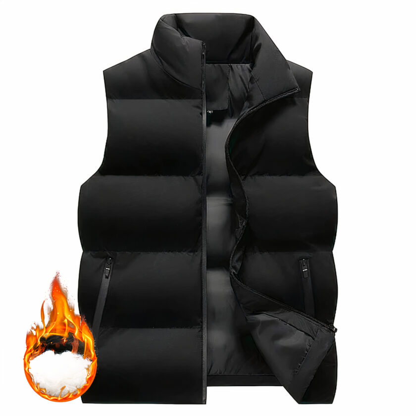 Doudoune sans manches noire sur fond blanc avec un cercle de feu en bas à gauche de la doudoune