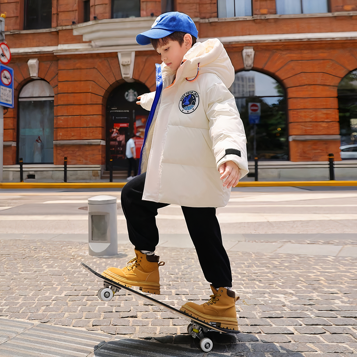 On voit un adolescent avec une casquette bleue qui fait du skate-board dans une rue. Il porte une doudoune blanche avec une capuche qui a l'air très chaude.