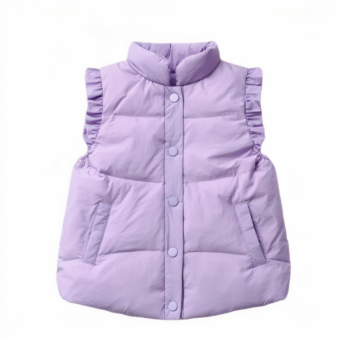 Très jolie doudoune violette sans manches avec des boutons-pression. Les épaules sont froncées. Le vêtement est présenté sur fond blanc.