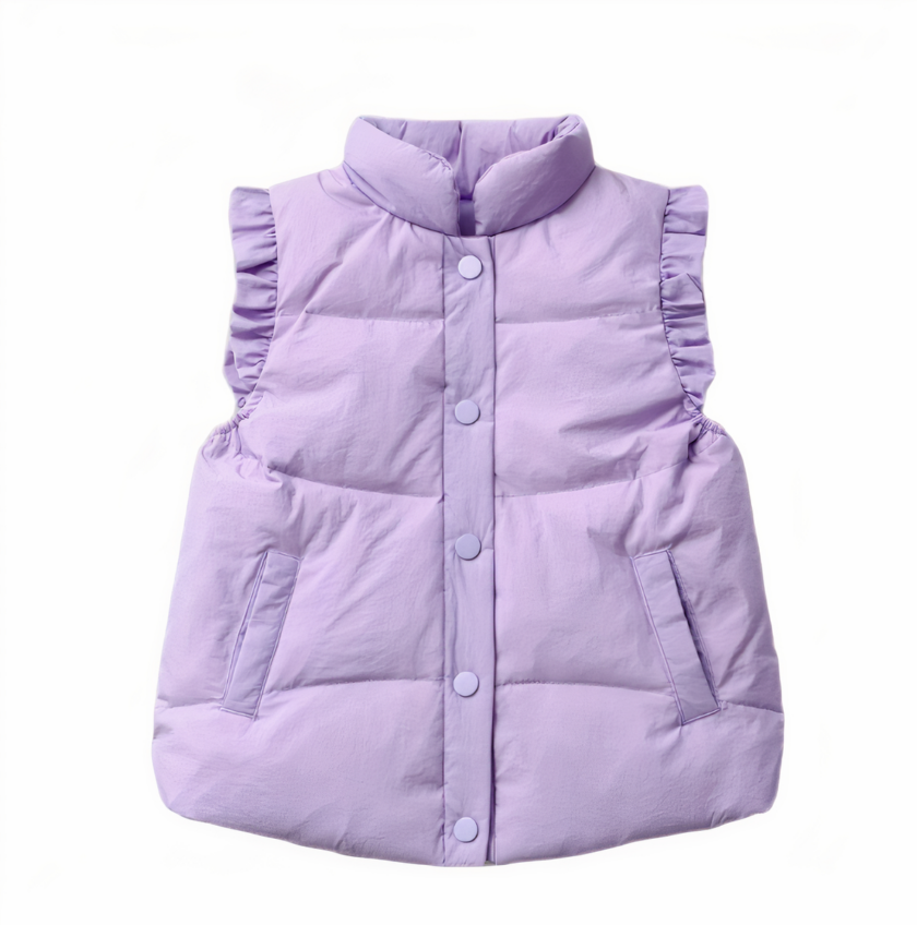 Très jolie doudoune violette sans manches avec des boutons-pression. Les épaules sont froncées. Le vêtement est présenté sur fond blanc.