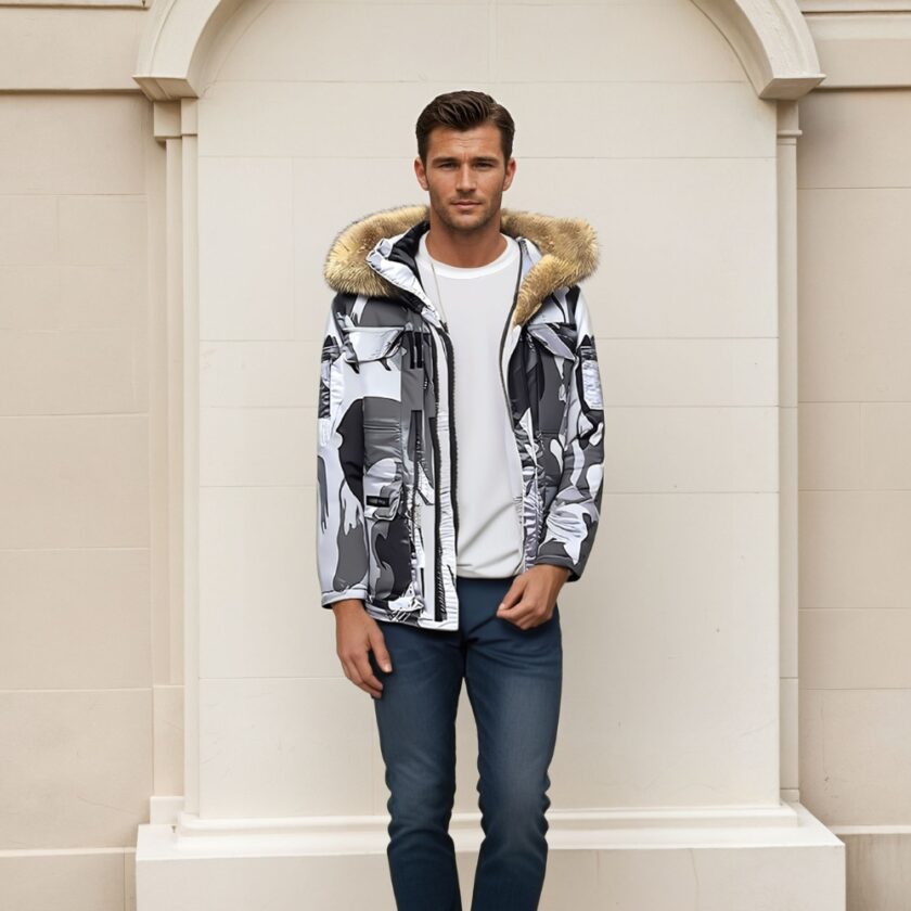 Homme aux cheveux châtains portant un jean bleu foncé, un haut blanc et une doudoune aux motifs camouflages blancs, gris et noirs avec une capuche en fourrure marron. Derrière lui, un mur en pierre beige.