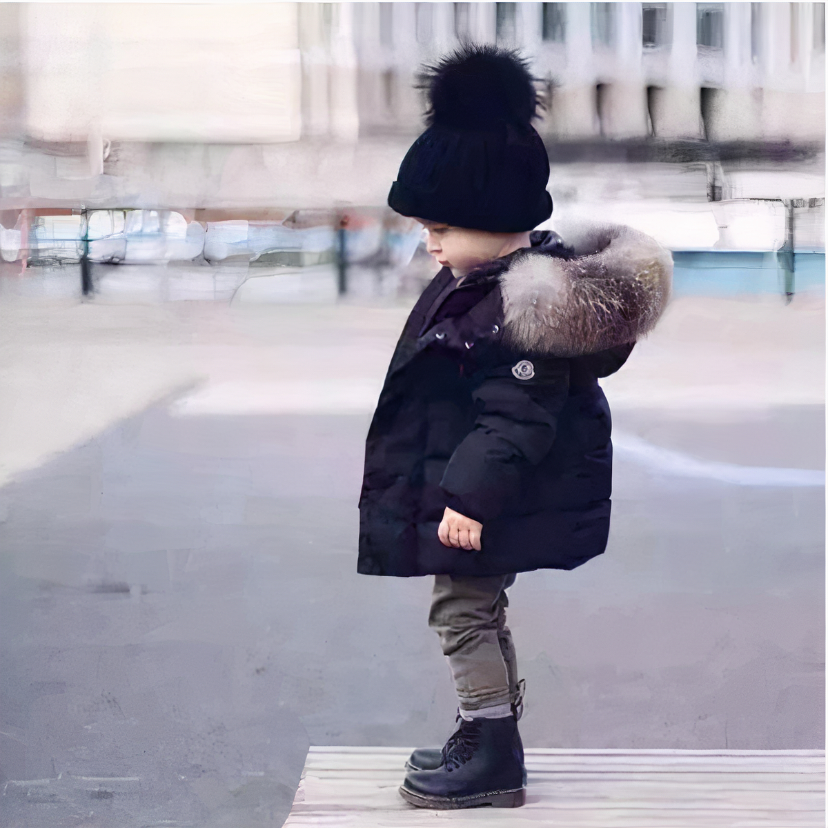 Enfant dehors portant une doudoune noire pour enfants.