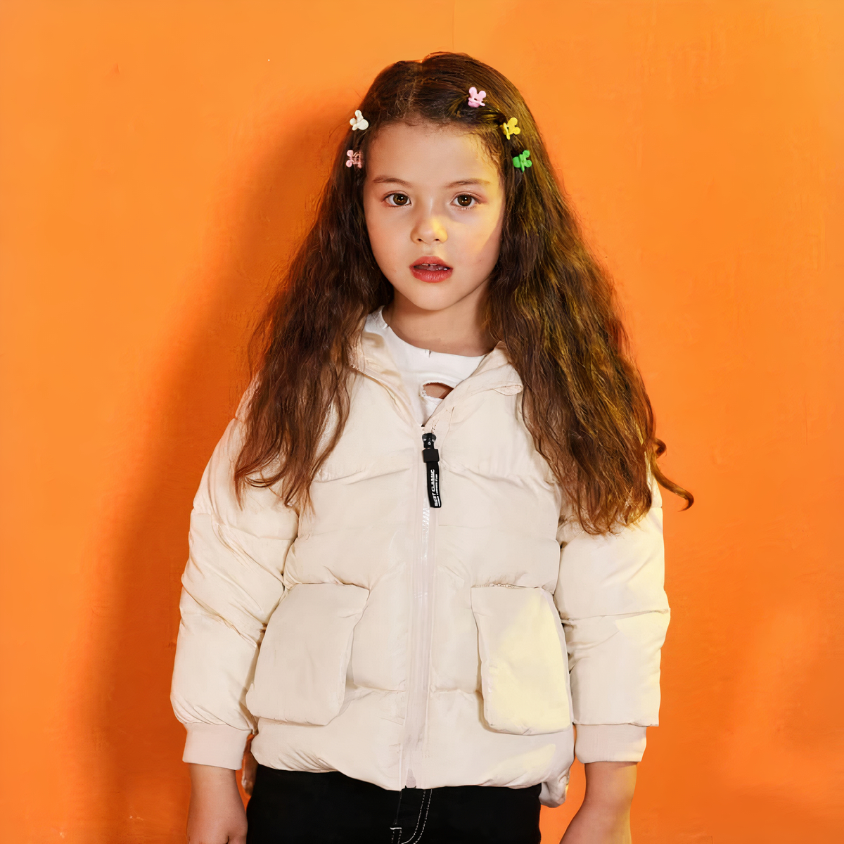 Fille portant une doudoune en duvet blanche pour enfant sur un fond orange.