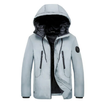 Doudoune chauffante grise pour homme présentée sur fond blanc