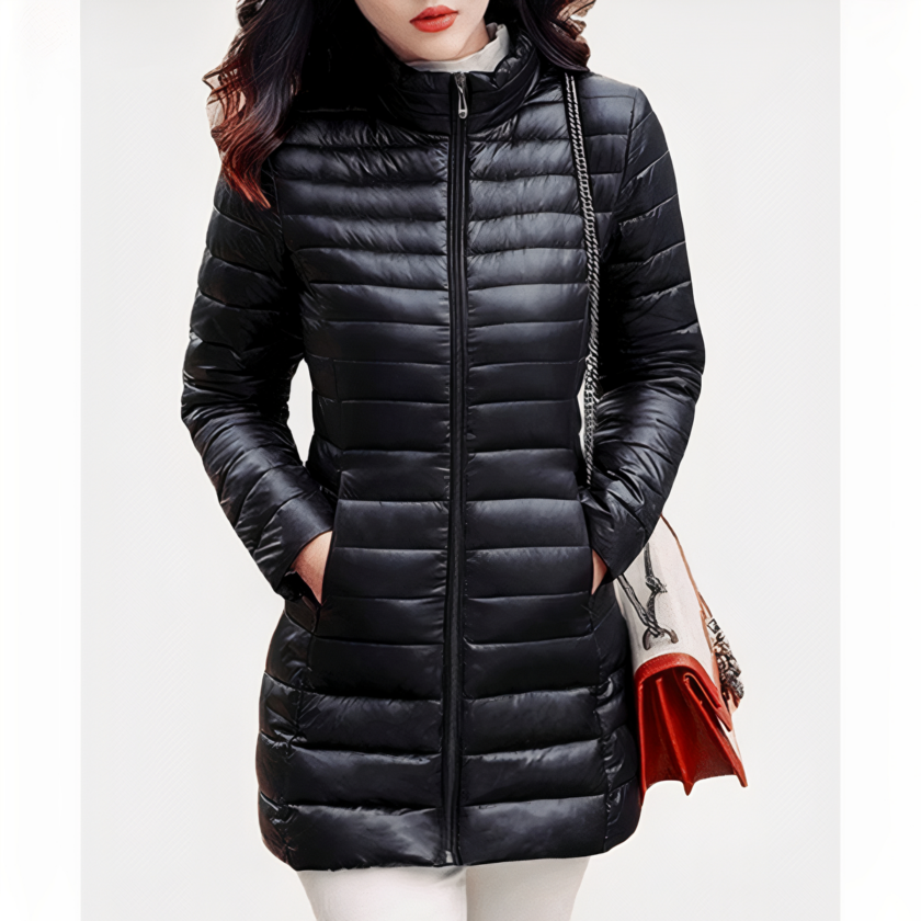 Doudoune fine mi-longue noire à col haut pour femme