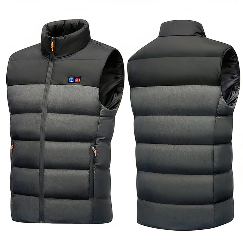 Doudoune chauffante sans manches bi-matière pour homme, sur fond blanc.