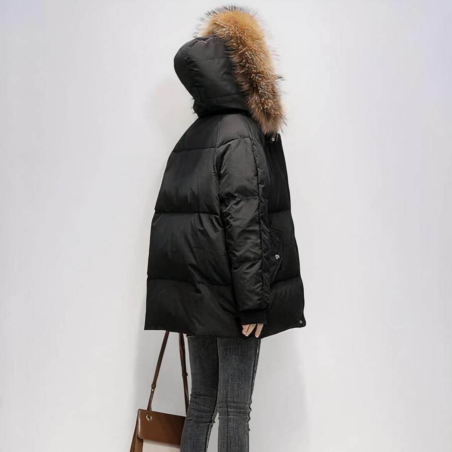 Doudoune duvet noire capuche fourrure femme