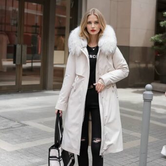 Femme blonde cheveux mi-longs, debout dans une rue avec un bâtiment en fond. Elle porte un pantalon slim noir, un haut noir et une doudoune grande taille blanche avec une capuche en fourrure synthétique de la même couleur.